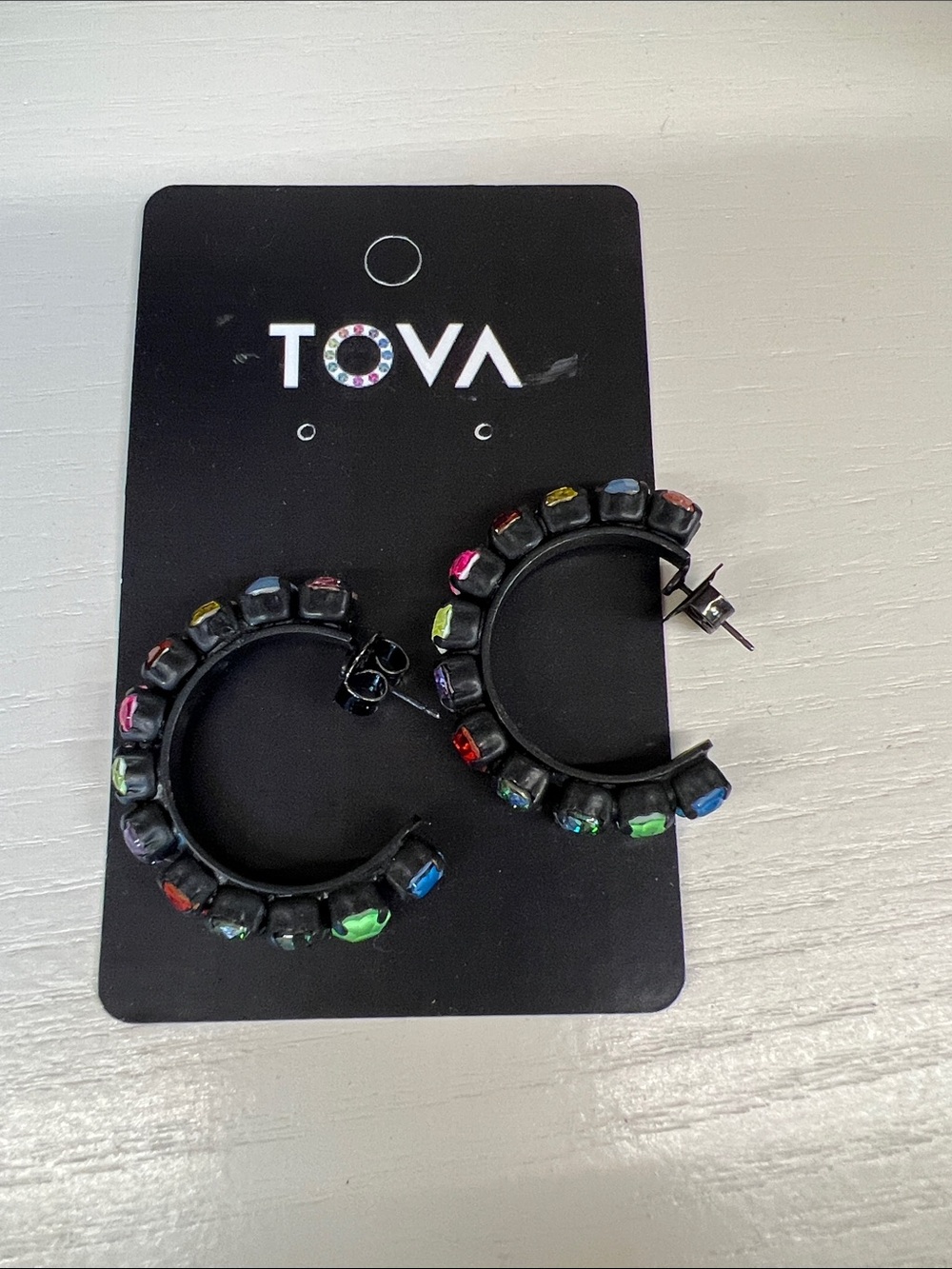 Black Hoop Earrings with Multicolor Stones